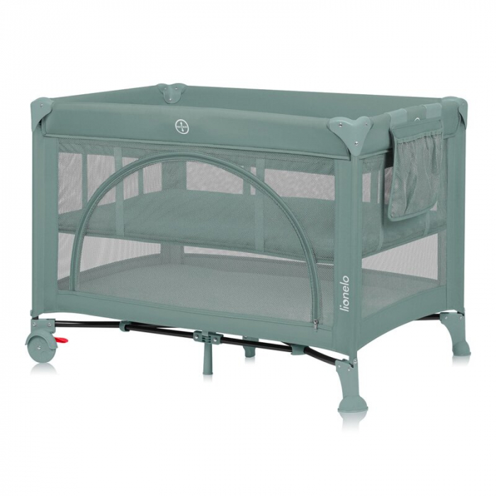 Patut pliant, Lionelo, Laura, 102 x 74 cm, Cu doua nivele, Functie de tarc, Cu roti, Include salteluta si geanta de transport, Pereti din plasa, Deschidere laterala, Pana la 15 kg, 0 luni +, Verde [1]