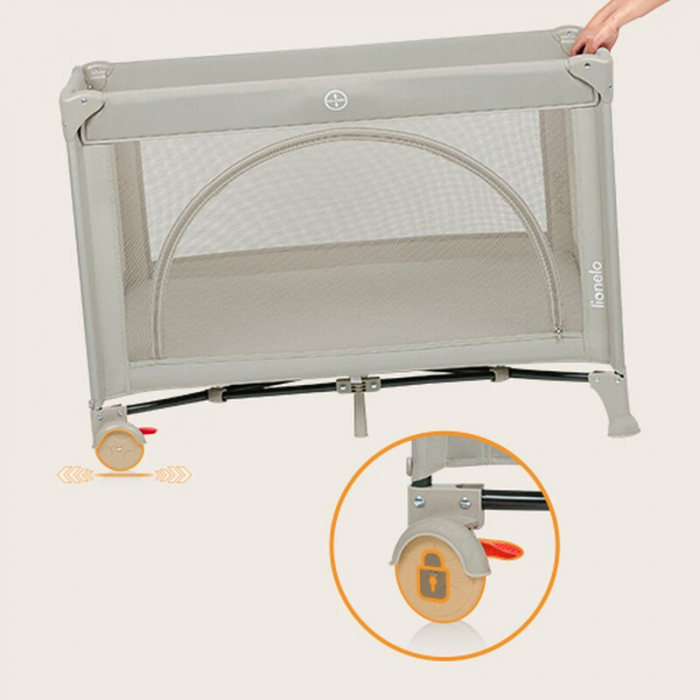 Patut pliant, Lionelo, Laura, 102 x 74 cm, Cu doua nivele, Functie de tarc, Cu roti, Include salteluta si geanta de transport, Pereti din plasa, Deschidere laterala, Pana la 15 kg, 0 luni +, Bej [16]