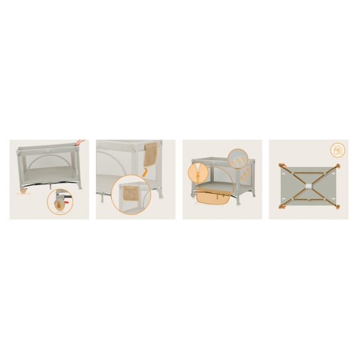 Patut pliant, Lionelo, Laura, 102 x 74 cm, Cu doua nivele, Functie de tarc, Cu roti, Include salteluta si geanta de transport, Pereti din plasa, Deschidere laterala, Pana la 15 kg, 0 luni +, Bej [20]