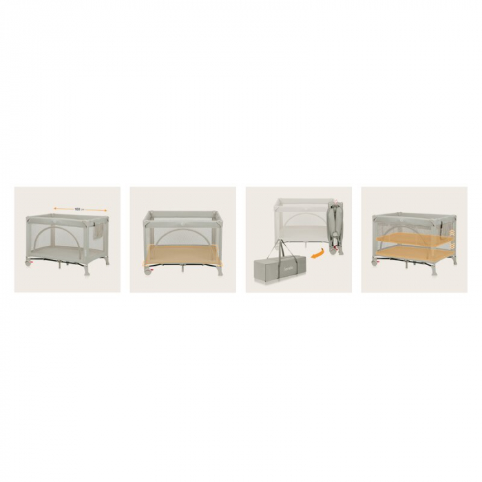 Patut pliant, Lionelo, Laura, 102 x 74 cm, Cu doua nivele, Functie de tarc, Cu roti, Include salteluta si geanta de transport, Pereti din plasa, Deschidere laterala, Pana la 15 kg, 0 luni +, Bej [21]