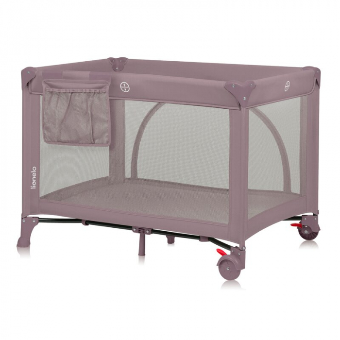 Patut pliant, Lionelo, Laura, 102 x 74 cm, Cu doua nivele, Functie de tarc, Cu roti, Include salteluta si geanta de transport, Pereti din plasa, Deschidere laterala, Pana la 15 kg, 0 luni +, Roz [5]