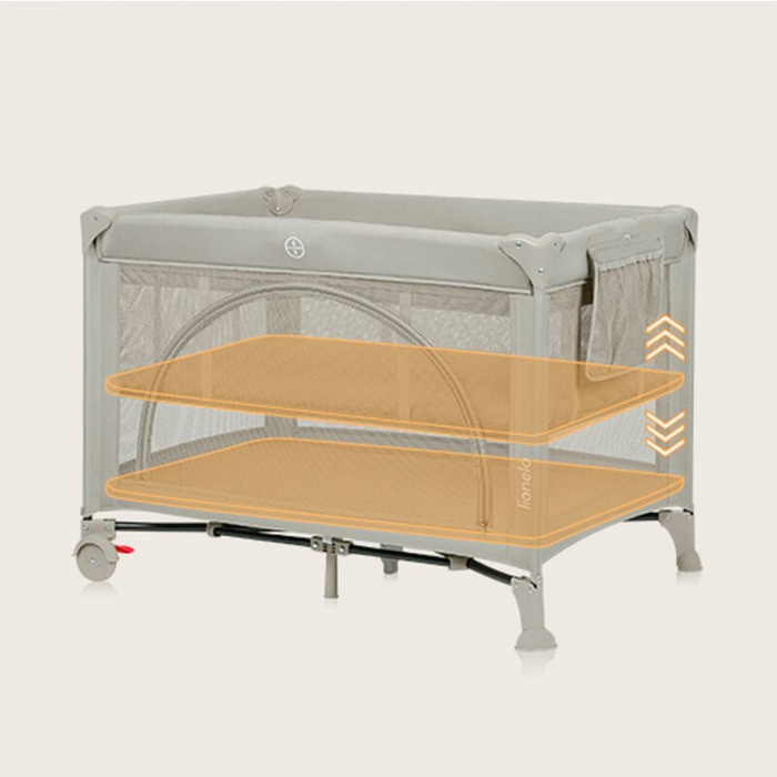 Patut pliant, Lionelo, Laura, 102 x 74 cm, Cu doua nivele, Functie de tarc, Cu roti, Include salteluta si geanta de transport, Pereti din plasa, Deschidere laterala, Pana la 15 kg, 0 luni +, Bej [15]