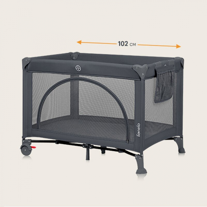 Patut pliant, Lionelo, Laura, 102 x 74 cm, Cu doua nivele, Functie de tarc, Cu roti, Include salteluta si geanta de transport, Pereti din plasa, Deschidere laterala, Pana la 15 kg, 0 luni +, Gri [9]