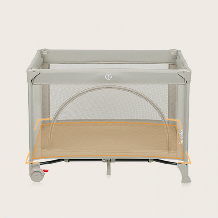Patut pliant, Lionelo, Laura, 102 x 74 cm, Cu doua nivele, Functie de tarc, Cu roti, Include salteluta si geanta de transport, Pereti din plasa, Deschidere laterala, Pana la 15 kg, 0 luni +, Bej [13]