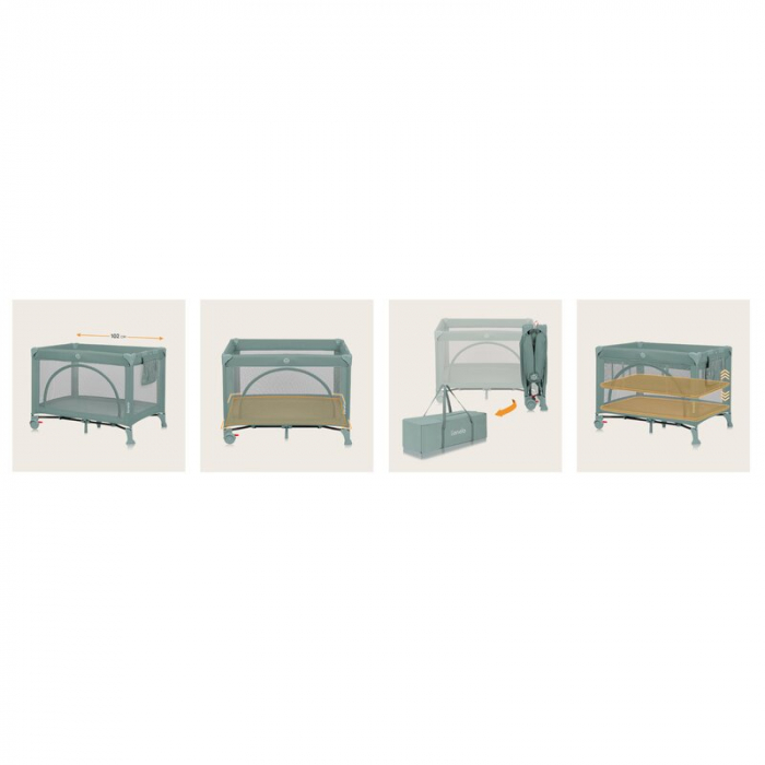 Patut pliant, Lionelo, Laura, 102 x 74 cm, Cu doua nivele, Functie de tarc, Cu roti, Include salteluta si geanta de transport, Pereti din plasa, Deschidere laterala, Pana la 15 kg, 0 luni +, Verde [25]