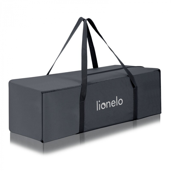 Patut pliant, Lionelo, Laura, 102 x 74 cm, Cu doua nivele, Functie de tarc, Cu roti, Include salteluta si geanta de transport, Pereti din plasa, Deschidere laterala, Pana la 15 kg, 0 luni +, Gri [21]