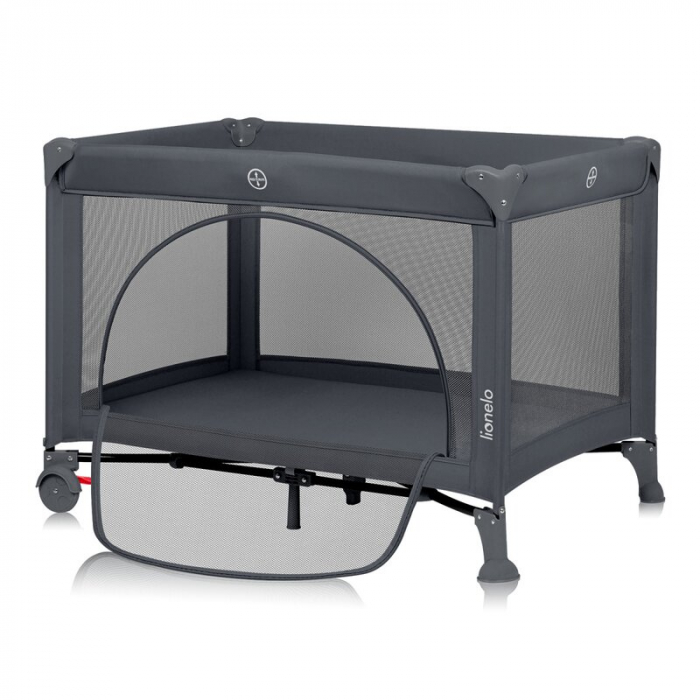 Patut pliant, Lionelo, Laura, 102 x 74 cm, Cu doua nivele, Functie de tarc, Cu roti, Include salteluta si geanta de transport, Pereti din plasa, Deschidere laterala, Pana la 15 kg, 0 luni +, Gri [3]