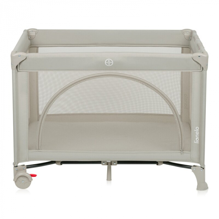 Patut pliant, Lionelo, Laura, 102 x 74 cm, Cu doua nivele, Functie de tarc, Cu roti, Include salteluta si geanta de transport, Pereti din plasa, Deschidere laterala, Pana la 15 kg, 0 luni +, Bej [5]
