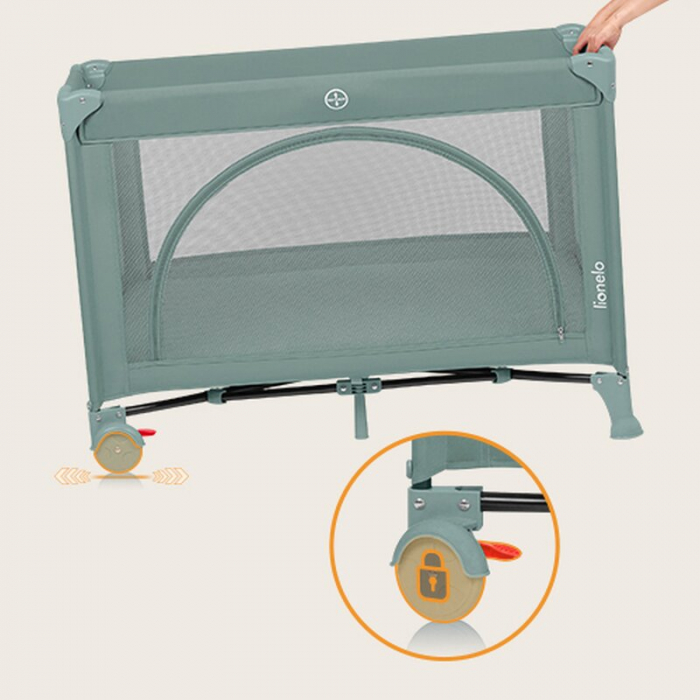 Patut pliant, Lionelo, Laura, 102 x 74 cm, Cu doua nivele, Functie de tarc, Cu roti, Include salteluta si geanta de transport, Pereti din plasa, Deschidere laterala, Pana la 15 kg, 0 luni +, Verde [12]
