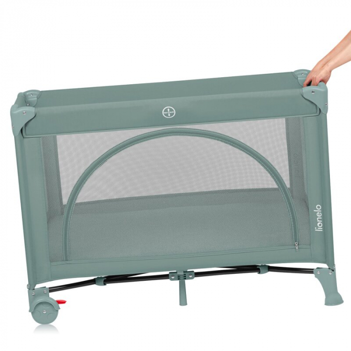 Patut pliant, Lionelo, Laura, 102 x 74 cm, Cu doua nivele, Functie de tarc, Cu roti, Include salteluta si geanta de transport, Pereti din plasa, Deschidere laterala, Pana la 15 kg, 0 luni +, Verde [7]