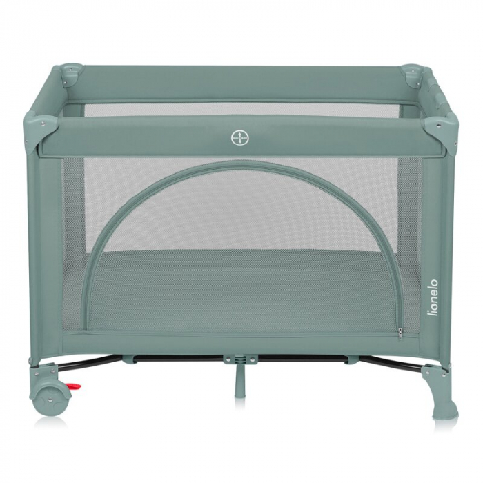 Patut pliant, Lionelo, Laura, 102 x 74 cm, Cu doua nivele, Functie de tarc, Cu roti, Include salteluta si geanta de transport, Pereti din plasa, Deschidere laterala, Pana la 15 kg, 0 luni +, Verde [4]