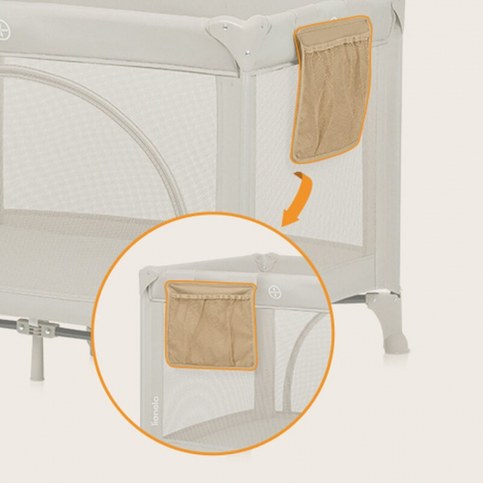 Patut pliant, Lionelo, Laura, 102 x 74 cm, Cu doua nivele, Functie de tarc, Cu roti, Include salteluta si geanta de transport, Pereti din plasa, Deschidere laterala, Pana la 15 kg, 0 luni +, Bej [17]
