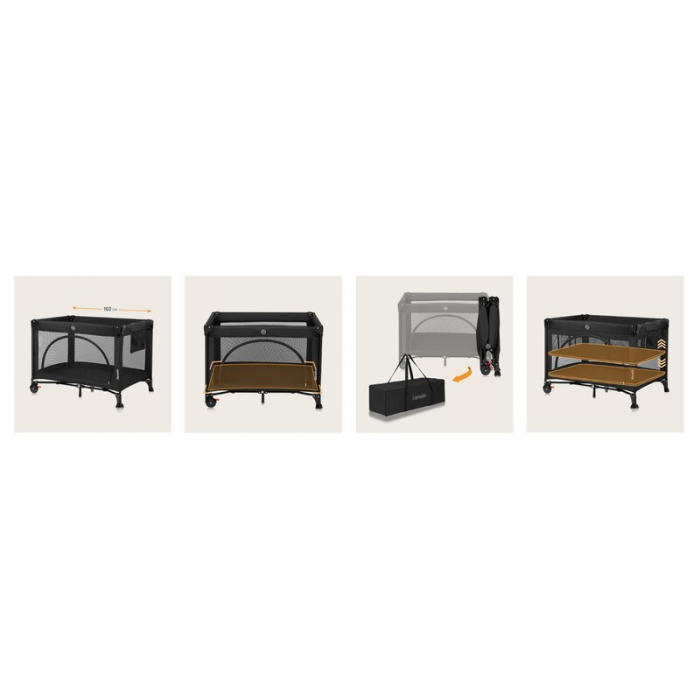 Patut pliant, Lionelo, Laura, 102 x 74 cm, Cu doua nivele, Functie de tarc, Cu roti, Include salteluta si geanta de transport, Pereti din plasa, Deschidere laterala, Pana la 15 kg, 0 luni +, Negru [21]