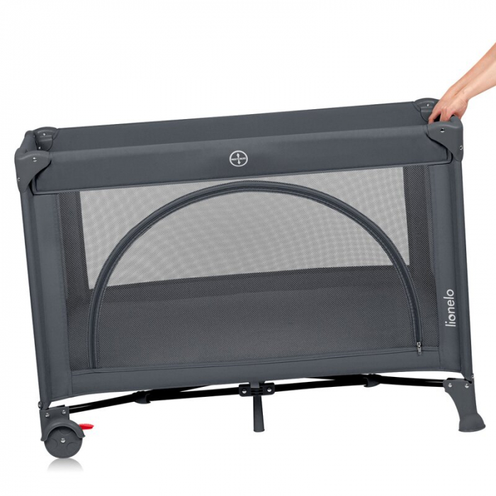 Patut pliant, Lionelo, Laura, 102 x 74 cm, Cu doua nivele, Functie de tarc, Cu roti, Include salteluta si geanta de transport, Pereti din plasa, Deschidere laterala, Pana la 15 kg, 0 luni +, Gri [7]