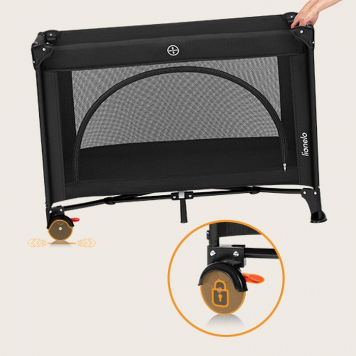 Patut pliant, Lionelo, Laura, 102 x 74 cm, Cu doua nivele, Functie de tarc, Cu roti, Include salteluta si geanta de transport, Pereti din plasa, Deschidere laterala, Pana la 15 kg, 0 luni +, Negru [14]