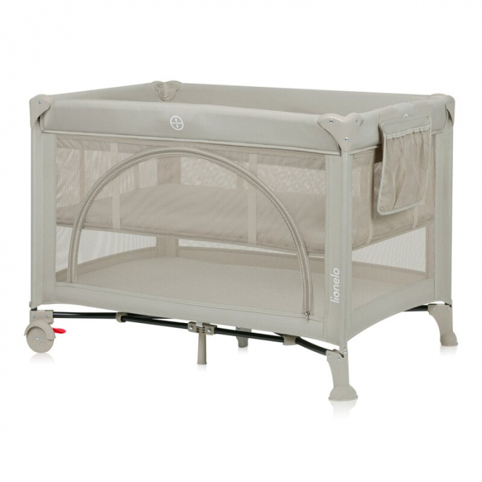 Patut pliant, Lionelo, Laura, 102 x 74 cm, Cu doua nivele, Functie de tarc, Cu roti, Include salteluta si geanta de transport, Pereti din plasa, Deschidere laterala, Pana la 15 kg, 0 luni +, Bej [1]