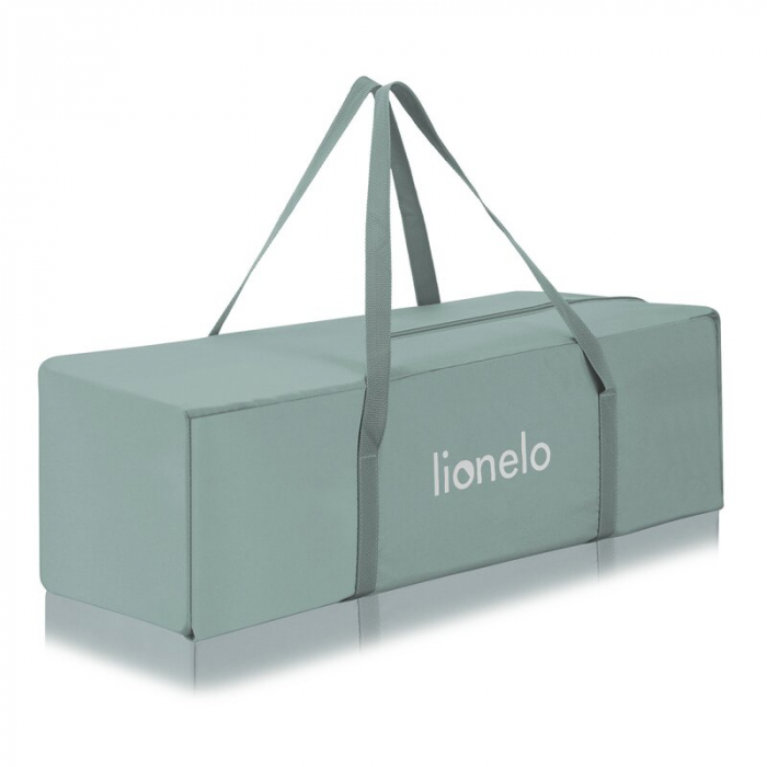 Patut pliant, Lionelo, Laura, 102 x 74 cm, Cu doua nivele, Functie de tarc, Cu roti, Include salteluta si geanta de transport, Pereti din plasa, Deschidere laterala, Pana la 15 kg, 0 luni +, Verde [22]