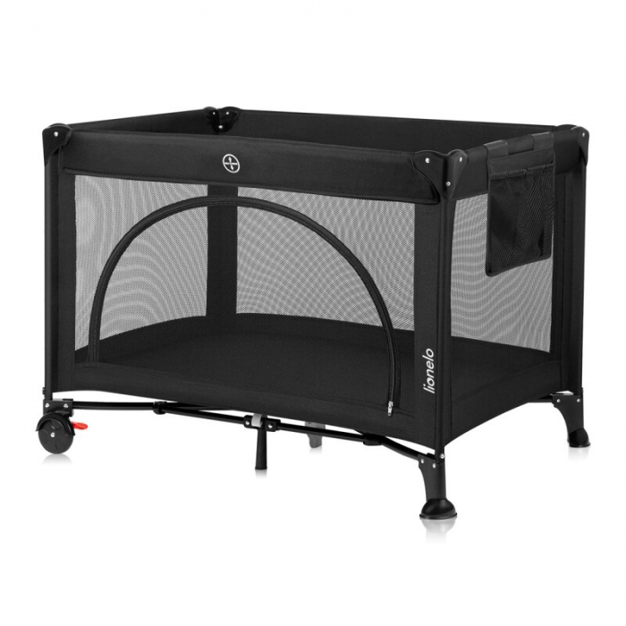 Patut pliant, Lionelo, Laura, 102 x 74 cm, Cu doua nivele, Functie de tarc, Cu roti, Include salteluta si geanta de transport, Pereti din plasa, Deschidere laterala, Pana la 15 kg, 0 luni +, Negru [4]