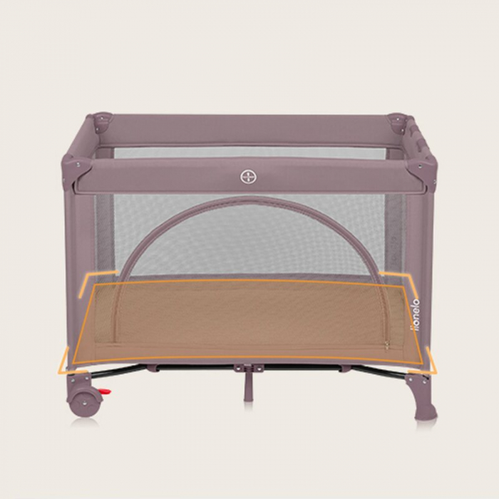 Patut pliant, Lionelo, Laura, 102 x 74 cm, Cu doua nivele, Functie de tarc, Cu roti, Include salteluta si geanta de transport, Pereti din plasa, Deschidere laterala, Pana la 15 kg, 0 luni +, Roz [9]