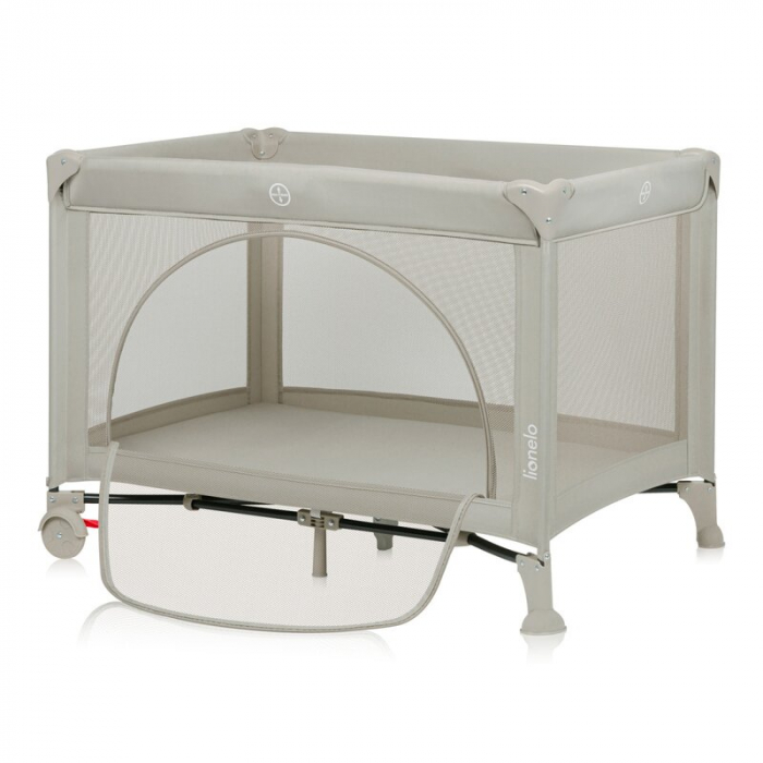 Patut pliant, Lionelo, Laura, 102 x 74 cm, Cu doua nivele, Functie de tarc, Cu roti, Include salteluta si geanta de transport, Pereti din plasa, Deschidere laterala, Pana la 15 kg, 0 luni +, Bej [3]