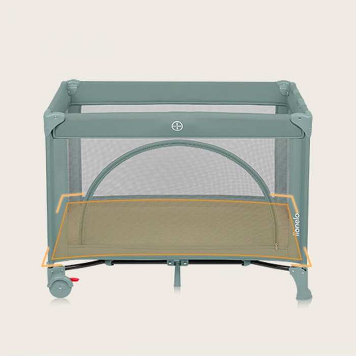 Patut pliant, Lionelo, Laura, 102 x 74 cm, Cu doua nivele, Functie de tarc, Cu roti, Include salteluta si geanta de transport, Pereti din plasa, Deschidere laterala, Pana la 15 kg, 0 luni +, Verde [10]