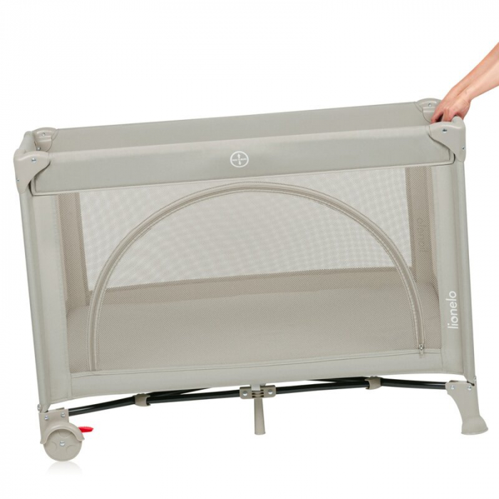 Patut pliant, Lionelo, Laura, 102 x 74 cm, Cu doua nivele, Functie de tarc, Cu roti, Include salteluta si geanta de transport, Pereti din plasa, Deschidere laterala, Pana la 15 kg, 0 luni +, Bej [7]