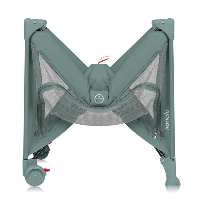 Patut pliant, Lionelo, Laura, 102 x 74 cm, Cu doua nivele, Functie de tarc, Cu roti, Include salteluta si geanta de transport, Pereti din plasa, Deschidere laterala, Pana la 15 kg, 0 luni +, Verde [14]