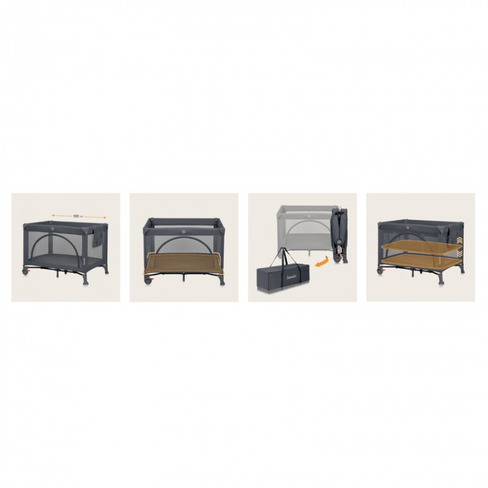 Patut pliant, Lionelo, Laura, 102 x 74 cm, Cu doua nivele, Functie de tarc, Cu roti, Include salteluta si geanta de transport, Pereti din plasa, Deschidere laterala, Pana la 15 kg, 0 luni +, Gri [23]