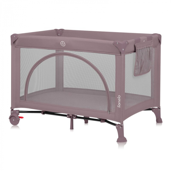 Patut pliant, Lionelo, Laura, 102 x 74 cm, Cu doua nivele, Functie de tarc, Cu roti, Include salteluta si geanta de transport, Pereti din plasa, Deschidere laterala, Pana la 15 kg, 0 luni +, Roz [6]