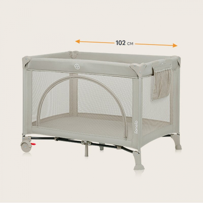 Patut pliant, Lionelo, Laura, 102 x 74 cm, Cu doua nivele, Functie de tarc, Cu roti, Include salteluta si geanta de transport, Pereti din plasa, Deschidere laterala, Pana la 15 kg, 0 luni +, Bej [12]