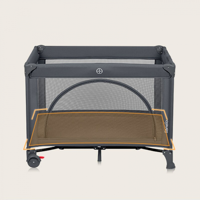 Patut pliant, Lionelo, Laura, 102 x 74 cm, Cu doua nivele, Functie de tarc, Cu roti, Include salteluta si geanta de transport, Pereti din plasa, Deschidere laterala, Pana la 15 kg, 0 luni +, Gri [10]