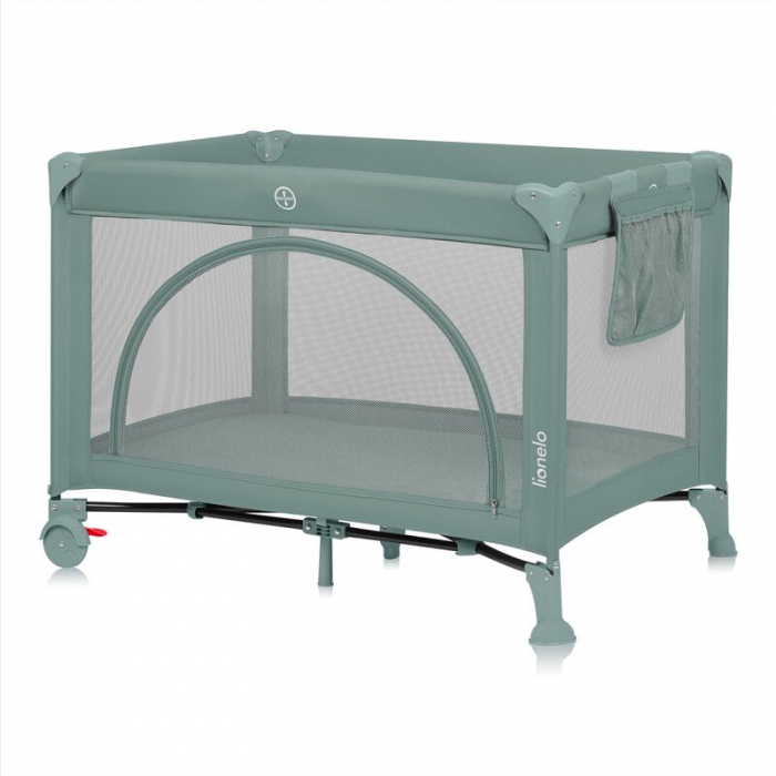 Patut pliant, Lionelo, Laura, 102 x 74 cm, Cu doua nivele, Functie de tarc, Cu roti, Include salteluta si geanta de transport, Pereti din plasa, Deschidere laterala, Pana la 15 kg, 0 luni +, Verde [5]