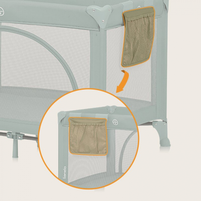 Patut pliant, Lionelo, Laura, 102 x 74 cm, Cu doua nivele, Functie de tarc, Cu roti, Include salteluta si geanta de transport, Pereti din plasa, Deschidere laterala, Pana la 15 kg, 0 luni +, Verde [16]