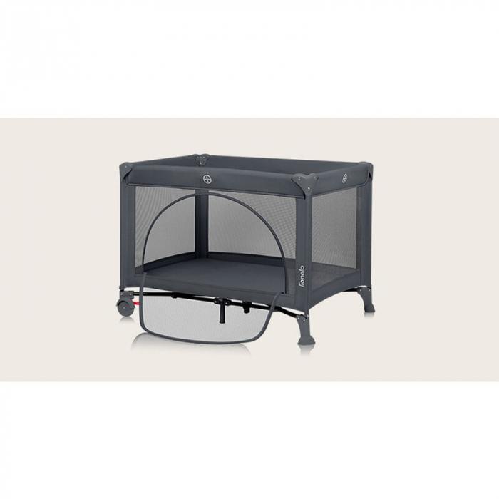 Patut pliant, Lionelo, Laura, 102 x 74 cm, Cu doua nivele, Functie de tarc, Cu roti, Include salteluta si geanta de transport, Pereti din plasa, Deschidere laterala, Pana la 15 kg, 0 luni +, Gri [15]