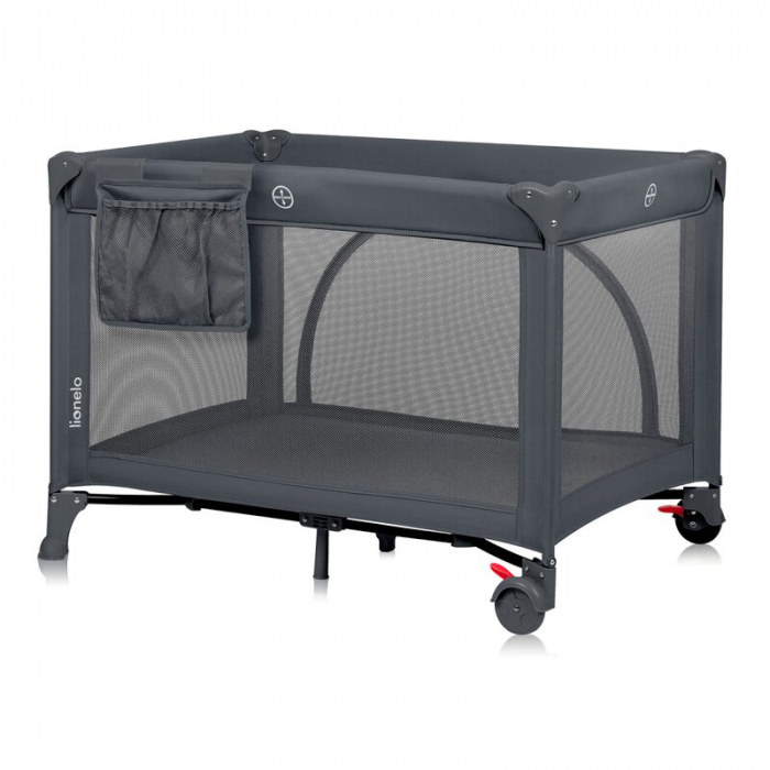 Patut pliant, Lionelo, Laura, 102 x 74 cm, Cu doua nivele, Functie de tarc, Cu roti, Include salteluta si geanta de transport, Pereti din plasa, Deschidere laterala, Pana la 15 kg, 0 luni +, Gri [5]