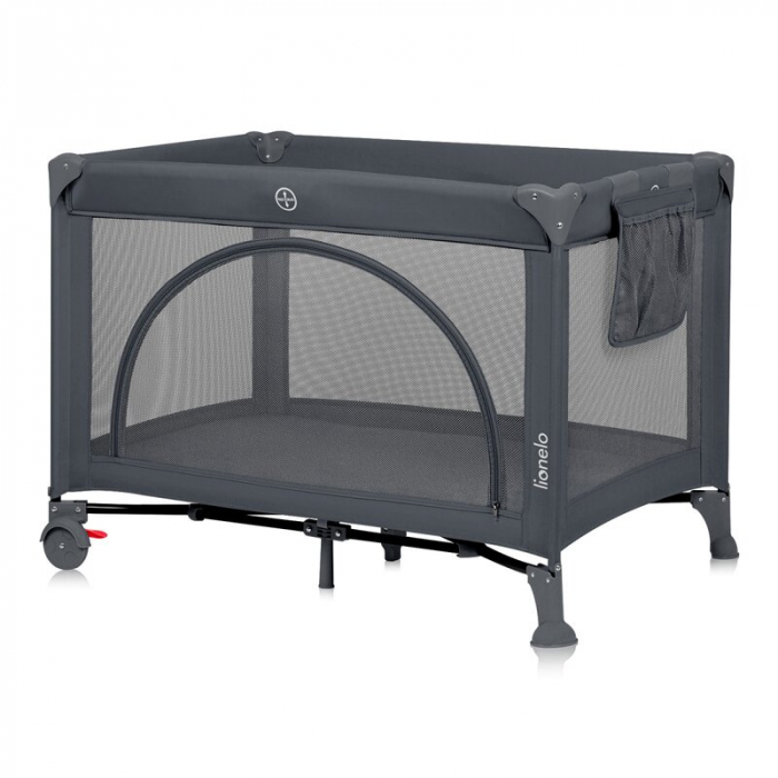 Patut pliant, Lionelo, Laura, 102 x 74 cm, Cu doua nivele, Functie de tarc, Cu roti, Include salteluta si geanta de transport, Pereti din plasa, Deschidere laterala, Pana la 15 kg, 0 luni +, Gri [4]