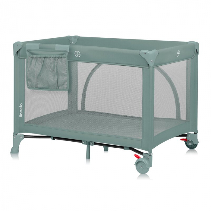 Patut pliant, Lionelo, Laura, 102 x 74 cm, Cu doua nivele, Functie de tarc, Cu roti, Include salteluta si geanta de transport, Pereti din plasa, Deschidere laterala, Pana la 15 kg, 0 luni +, Verde [6]