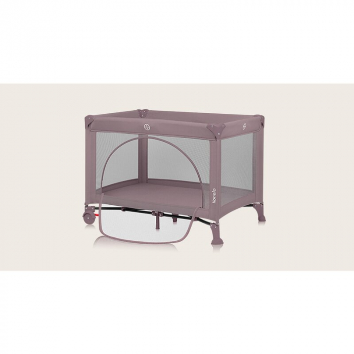 Patut pliant, Lionelo, Laura, 102 x 74 cm, Cu doua nivele, Functie de tarc, Cu roti, Include salteluta si geanta de transport, Pereti din plasa, Deschidere laterala, Pana la 15 kg, 0 luni +, Roz [16]