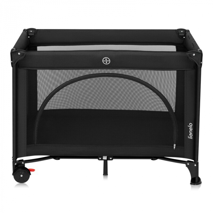 Patut pliant, Lionelo, Laura, 102 x 74 cm, Cu doua nivele, Functie de tarc, Cu roti, Include salteluta si geanta de transport, Pereti din plasa, Deschidere laterala, Pana la 15 kg, 0 luni +, Negru [5]