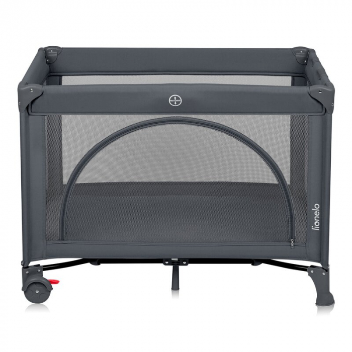 Patut pliant, Lionelo, Laura, 102 x 74 cm, Cu doua nivele, Functie de tarc, Cu roti, Include salteluta si geanta de transport, Pereti din plasa, Deschidere laterala, Pana la 15 kg, 0 luni +, Gri [6]