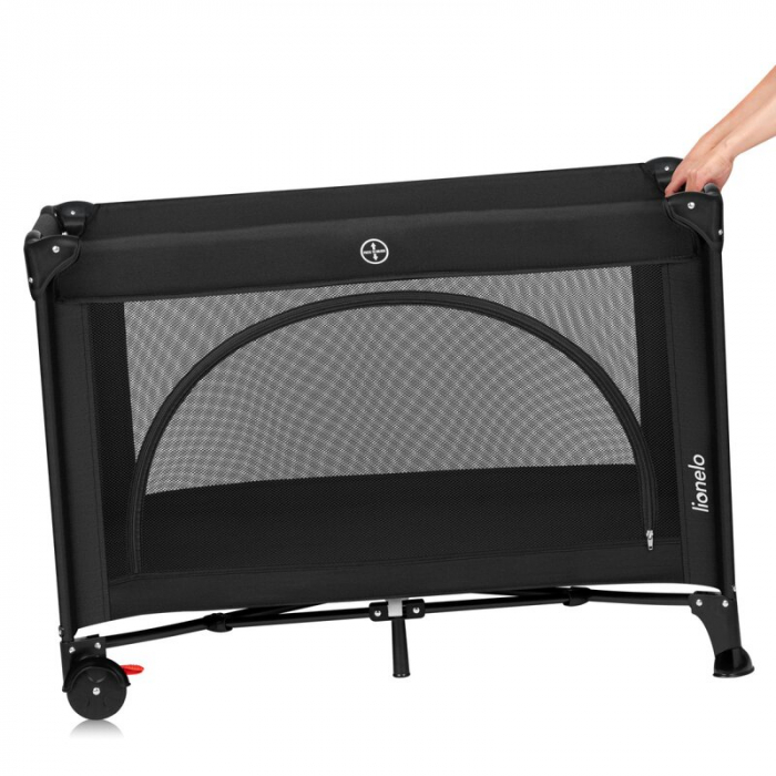 Patut pliant, Lionelo, Laura, 102 x 74 cm, Cu doua nivele, Functie de tarc, Cu roti, Include salteluta si geanta de transport, Pereti din plasa, Deschidere laterala, Pana la 15 kg, 0 luni +, Negru [6]