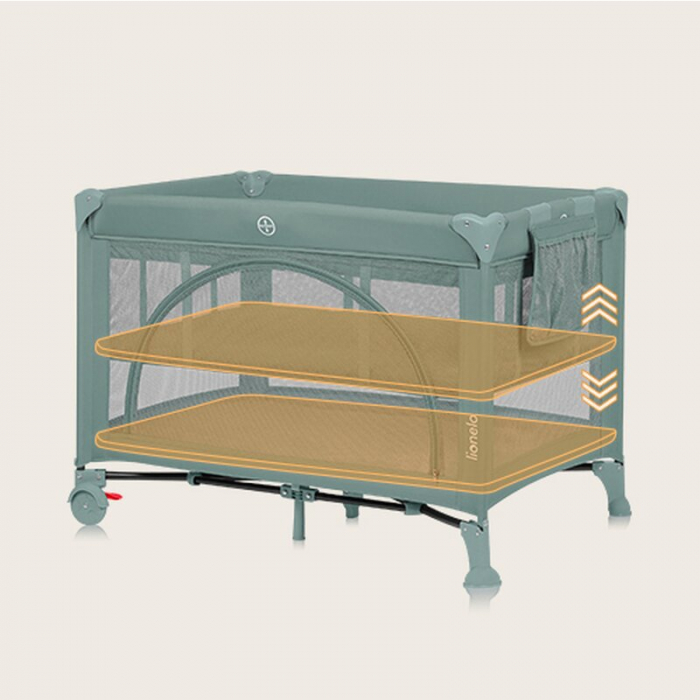 Patut pliant, Lionelo, Laura, 102 x 74 cm, Cu doua nivele, Functie de tarc, Cu roti, Include salteluta si geanta de transport, Pereti din plasa, Deschidere laterala, Pana la 15 kg, 0 luni +, Verde [11]