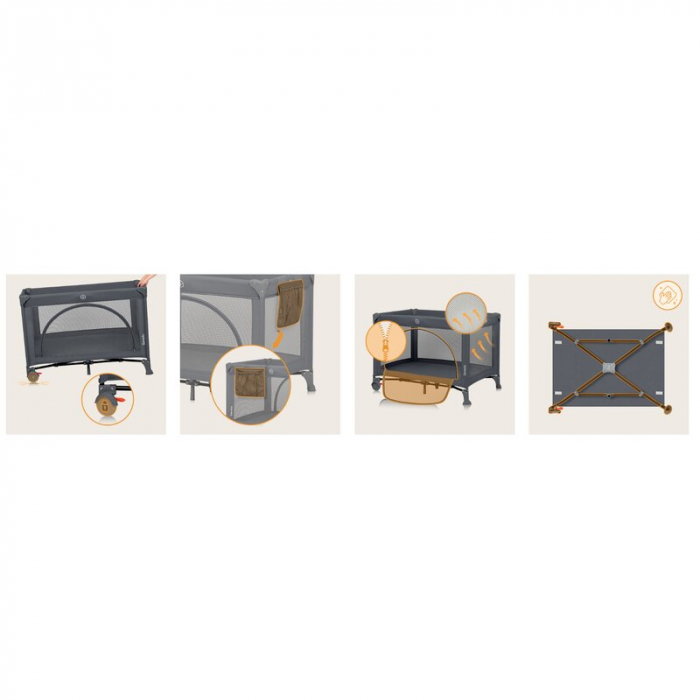 Patut pliant, Lionelo, Laura, 102 x 74 cm, Cu doua nivele, Functie de tarc, Cu roti, Include salteluta si geanta de transport, Pereti din plasa, Deschidere laterala, Pana la 15 kg, 0 luni +, Gri [22]