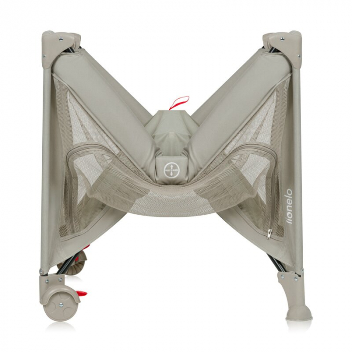 Patut pliant, Lionelo, Laura, 102 x 74 cm, Cu doua nivele, Functie de tarc, Cu roti, Include salteluta si geanta de transport, Pereti din plasa, Deschidere laterala, Pana la 15 kg, 0 luni +, Bej [8]
