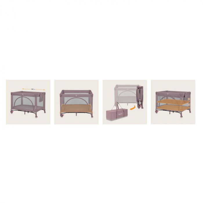 Patut pliant, Lionelo, Laura, 102 x 74 cm, Cu doua nivele, Functie de tarc, Cu roti, Include salteluta si geanta de transport, Pereti din plasa, Deschidere laterala, Pana la 15 kg, 0 luni +, Roz [23]