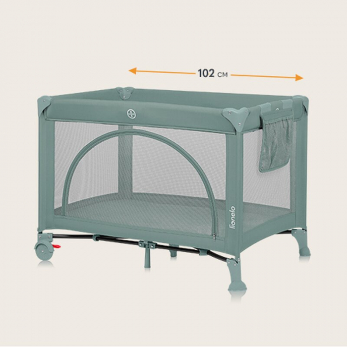 Patut pliant, Lionelo, Laura, 102 x 74 cm, Cu doua nivele, Functie de tarc, Cu roti, Include salteluta si geanta de transport, Pereti din plasa, Deschidere laterala, Pana la 15 kg, 0 luni +, Verde [9]