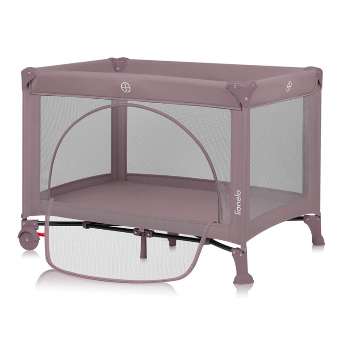 Patut pliant, Lionelo, Laura, 102 x 74 cm, Cu doua nivele, Functie de tarc, Cu roti, Include salteluta si geanta de transport, Pereti din plasa, Deschidere laterala, Pana la 15 kg, 0 luni +, Roz [3]