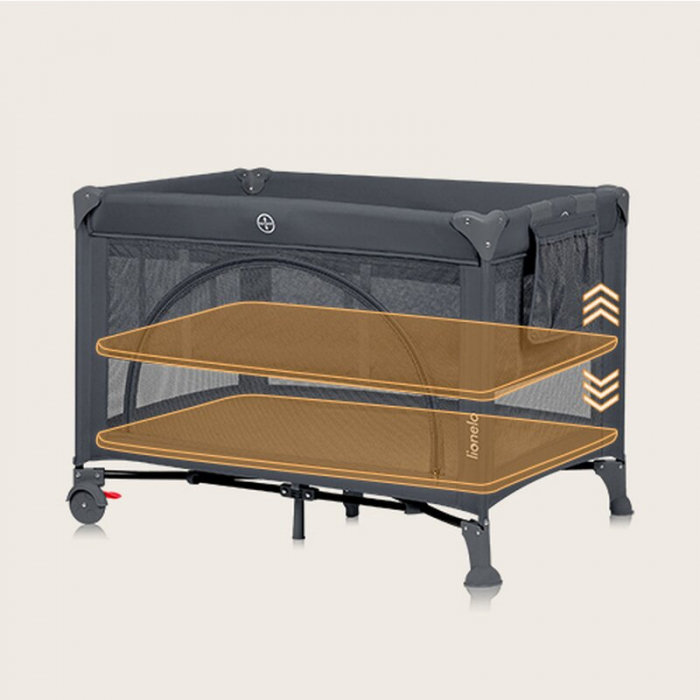 Patut pliant, Lionelo, Laura, 102 x 74 cm, Cu doua nivele, Functie de tarc, Cu roti, Include salteluta si geanta de transport, Pereti din plasa, Deschidere laterala, Pana la 15 kg, 0 luni +, Gri [11]