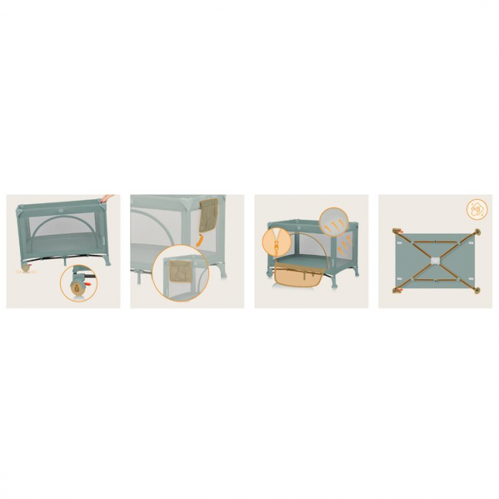 Patut pliant, Lionelo, Laura, 102 x 74 cm, Cu doua nivele, Functie de tarc, Cu roti, Include salteluta si geanta de transport, Pereti din plasa, Deschidere laterala, Pana la 15 kg, 0 luni +, Verde [24]