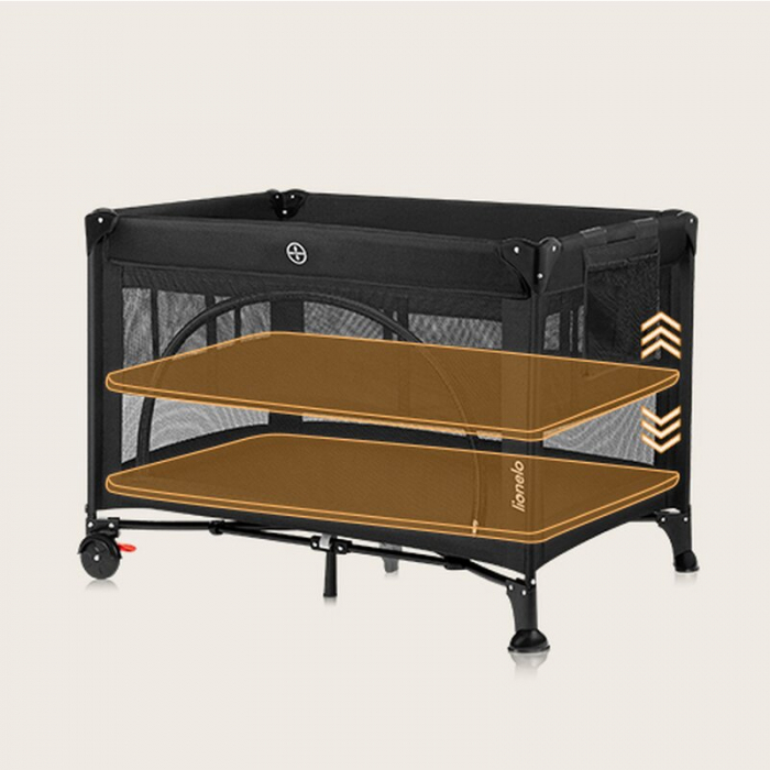 Patut pliant, Lionelo, Laura, 102 x 74 cm, Cu doua nivele, Functie de tarc, Cu roti, Include salteluta si geanta de transport, Pereti din plasa, Deschidere laterala, Pana la 15 kg, 0 luni +, Negru [9]